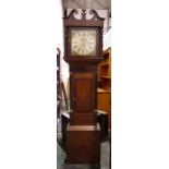 19th century oak and mahogany cased longcase clock with swan neck pediment, painted dial with