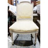 French style bedroom chair, grey painted frame, turned and fluted front legs to castors, yellow