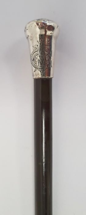 Victorian silver-mounted and wooden walking cane, Birmingham (date and maker worn), initialled and