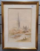 MLM Watercolour Landscape with cathedral, initialled and dated '90 lower right, together with