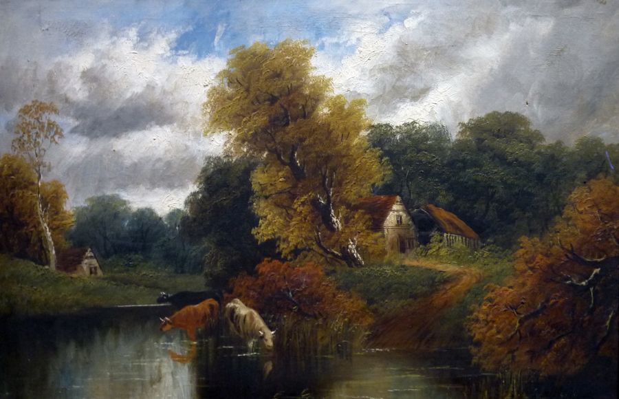 Early 20th century school Oil on canvas Cattle drinking in river with farmhouse beyond, unsigned,