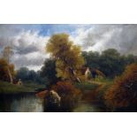 Early 20th century school Oil on canvas Cattle drinking in river with farmhouse beyond, unsigned,