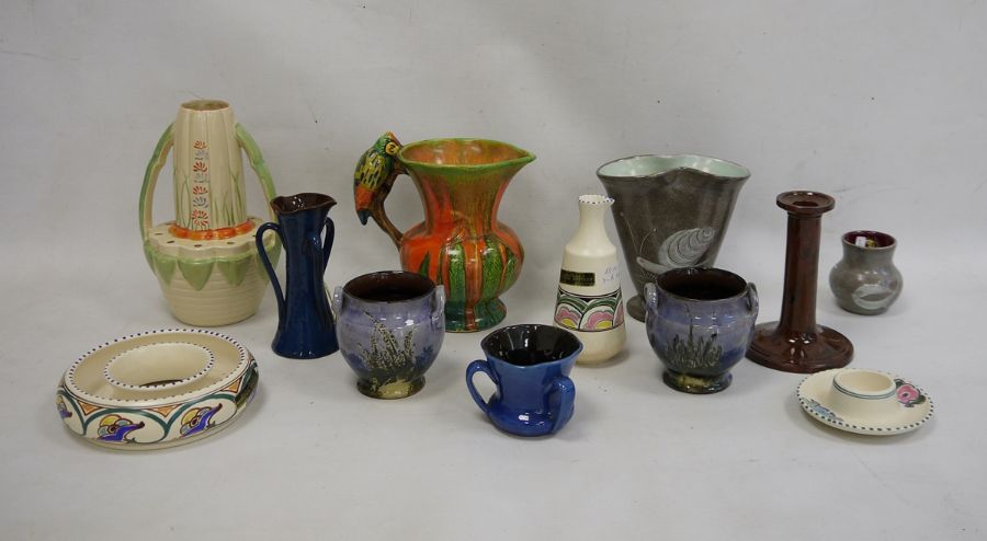 Orcadia ware pottery mug with parrot handle, Wadeheath vase, Honiton, Devon and other decorative