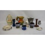 Orcadia ware pottery mug with parrot handle, Wadeheath vase, Honiton, Devon and other decorative
