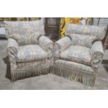 Pair of reproduction armchairs in the manner of Howard and Sons, in white and blue upholstery, on