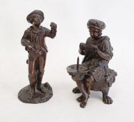 Small bronze seated figure pricket candlestick, the seated man warming his hands and on stool with