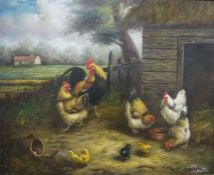 Presset (20th century school) Oil on canvas  Rooster and chickens in farm scene, signed lower