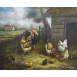 Presset (20th century school) Oil on canvas  Rooster and chickens in farm scene, signed lower