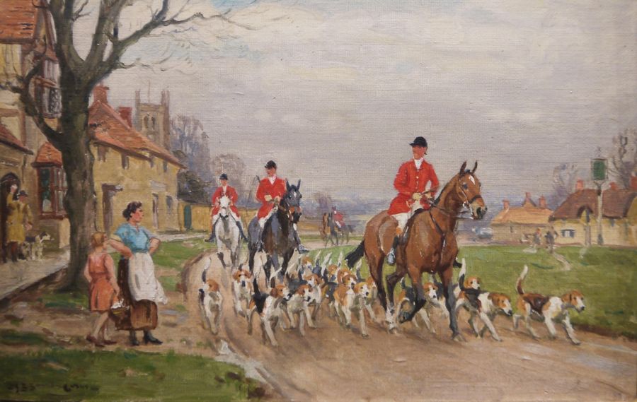 John Sanderson Wells (1872-1955) Pair oils on board Hunting scenes, Huntsmen and hounds on village - Image 2 of 4