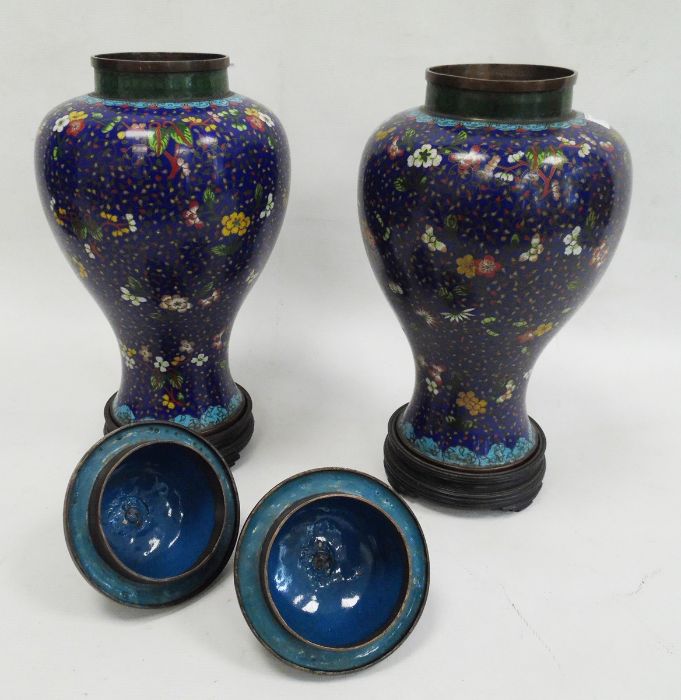 Pair Chinese cloisonne enamel inverse baluster vases, each with high domed cover and allover - Image 2 of 3