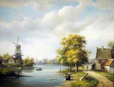 Emile Vernon (1872-1919) Oil on board Continental landscape with canal and windmill, figures in