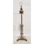 Brass standard lamp converted from oil lamp, on triform base