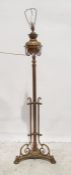 Brass standard lamp converted from oil lamp, on triform base