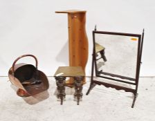 Swing mirror, a copper coal bucket, a pine shelf and a brass stand the front legs moulded as green