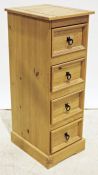 20th century narrow pine chest of four drawers, on plinth base, 36cm x 100cm