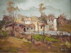 Aria A (20th century) Oil on canvas Shanty buildings viewed through scrubland, signed lower right