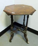 Early Victorian walnut octagonal top occasional table on turned supports united by X-shaped