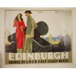 Reproduction colour railway poster "Edinburgh - Travel by LNER East Coast Route", unframed and a