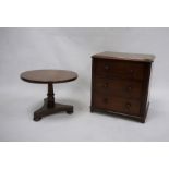 Miniature apprentice-style mahogany chest of three drawers, to bracket feet and a miniature