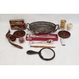 Quantity of modern plated serving spoons, postcards, coins, rosewood backed mirror and other