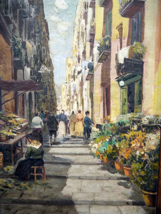 Pasini (20th century)  Pair of oils on canvas Italian street scenes with figures, signed lower left, - Image 2 of 2