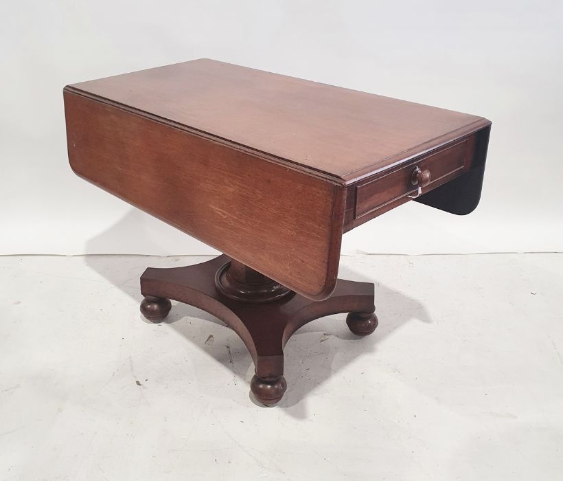 19th century mahogany drop-leaf side table with single drawer, faceted column to quatrefoil base,
