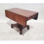 19th century mahogany drop-leaf side table with single drawer, faceted column to quatrefoil base,