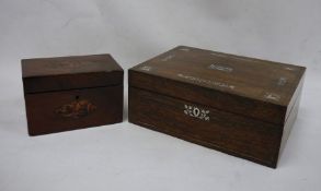 19th century mahogany and shell inlaid tea caddy of rectangular form and a rosewood and mother-of-