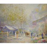 Late 19th/early 20th century school Oil on canvas Market scene with flowers, signed indistinctly