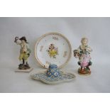 18th century pearlware figure of gentleman wearing green cloak and holding flaming torch and mirror,