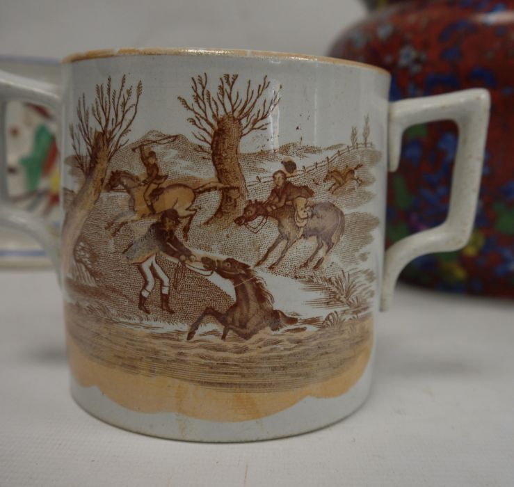 19th century Staffordshire 'Frog' tankard, a two-handled mug, E.M.& Co, two other mugs and a Cauldon - Image 2 of 9