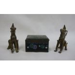 Japanese cloisonne enamel box, rectangular with dragon decoration, 10cm wide and a pair of brass
