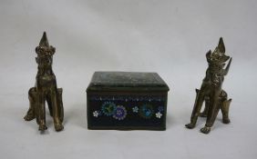 Japanese cloisonne enamel box, rectangular with dragon decoration, 10cm wide and a pair of brass