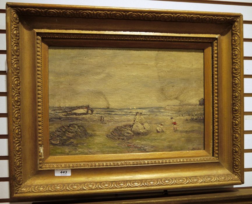 Early 20th century school Oil on canvas Coastal scene with figures, signed indistinctly lower - Image 2 of 4