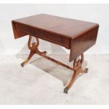 20th century  yew-effect sofa table on lyre end supports, ogee reeded feet, brass paw caps and