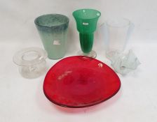 Opaline glass vase with pair side tab handles, a blue/green mottled glass vase, tapering, a green