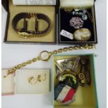 Cameo brooch, quantity of costume jewellery, badges, medal and Timex watch etc
