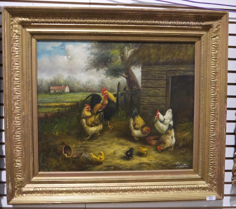 Presset (20th century school) Oil on canvas  Rooster and chickens in farm scene, signed lower - Image 2 of 2