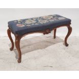 Needlework topped stool with carved walnut frame, on cabriole legs, 83cm x 45cm