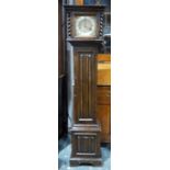 Early 20th century oak-cased longcase clock with brass dial, Roman numerals to the steel chapter
