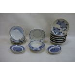 Various modern Oriental blue and white plates and bowls, floral decorated, mountain decorated, fan