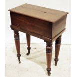 19th century mahogany box with lift top, on four turned supports, 63cm x 80cm
