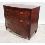 19th century mahogany bowfront chest of three drawers, on turned supports, 100cm x 88cm