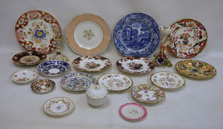 Assorted 18th/19th century porcelain including Crown Derby, blue and white, stone china, Dresden,