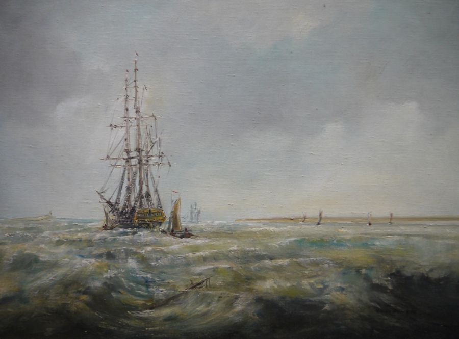 Ted Dyer (b.1940) Oil on canvas Ship scene near beach, indistinctly signed lower right, 30cm x