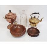Large glass poison canister with stopper, a brass kettle, small copper samovar and two treen items