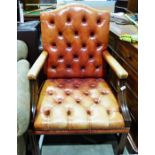 Buttonback office chair in red leather, moulded shew and mahogany frame