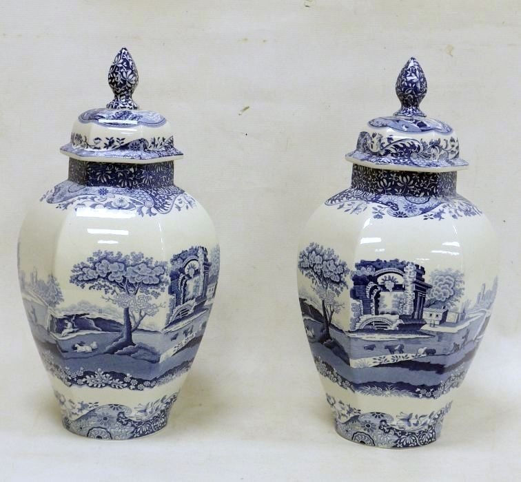 Pair of Spode blue and white lidded vases 'Italian' pattern, hexagonal shaped, 40cm high approx. (2)