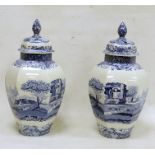 Pair of Spode blue and white lidded vases 'Italian' pattern, hexagonal shaped, 40cm high approx. (2)