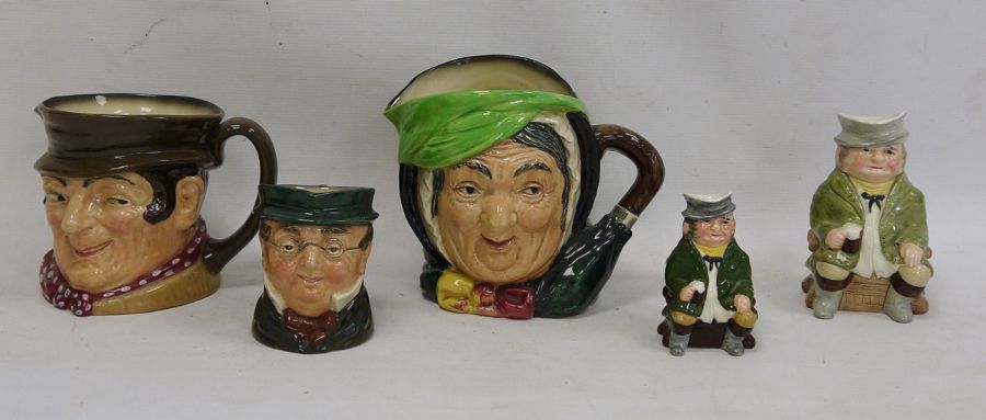 Three Royal Doulton character jugs, a 'Helsboro Ware' character jug and another (5)